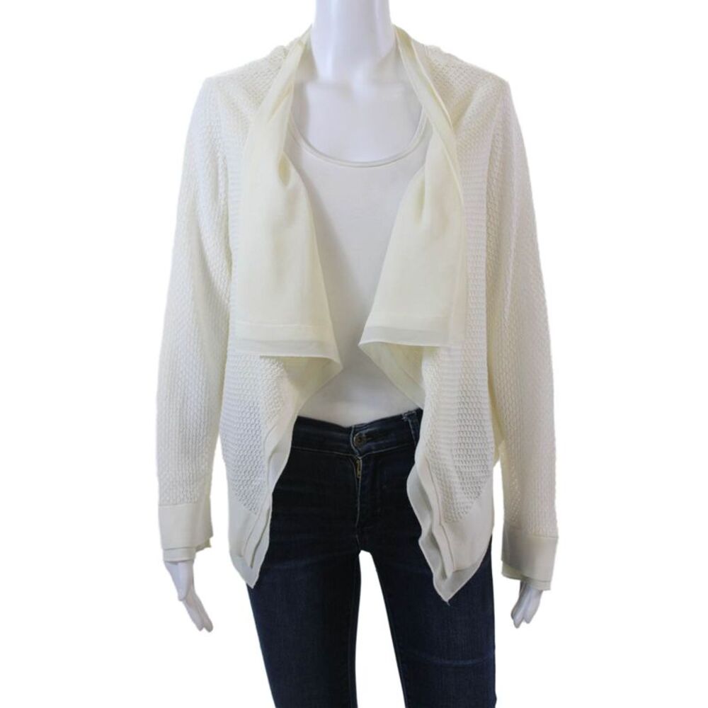 BCBG Max Azria Womens Woven Wrap Cardigan Sweater White Cotton Size Large